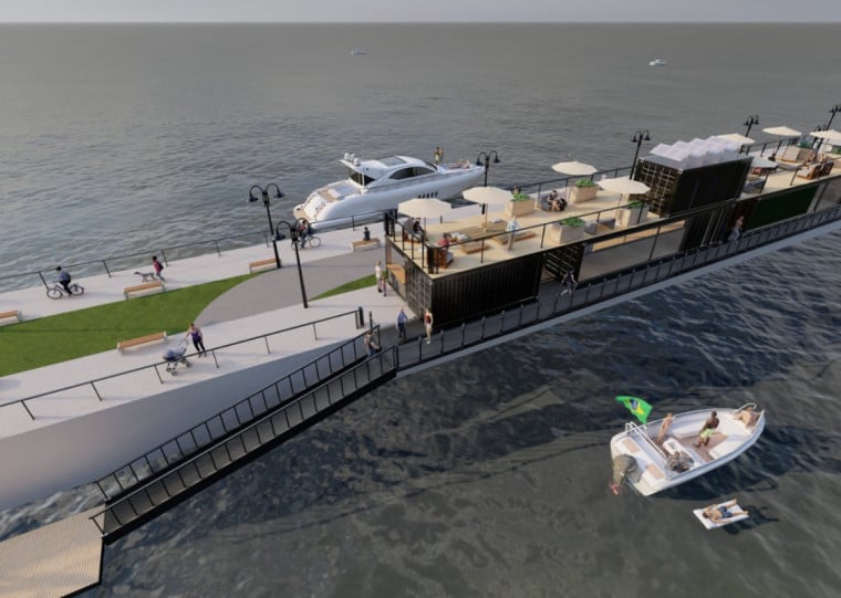 Projeto mostra como será a nova área náutica junto ao píer, atracadouro de navios no passado