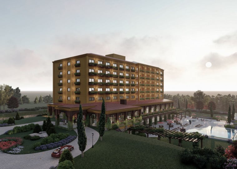 O empreendimento terá 120 apartamentos, piscina com águas termais e salas de eventos