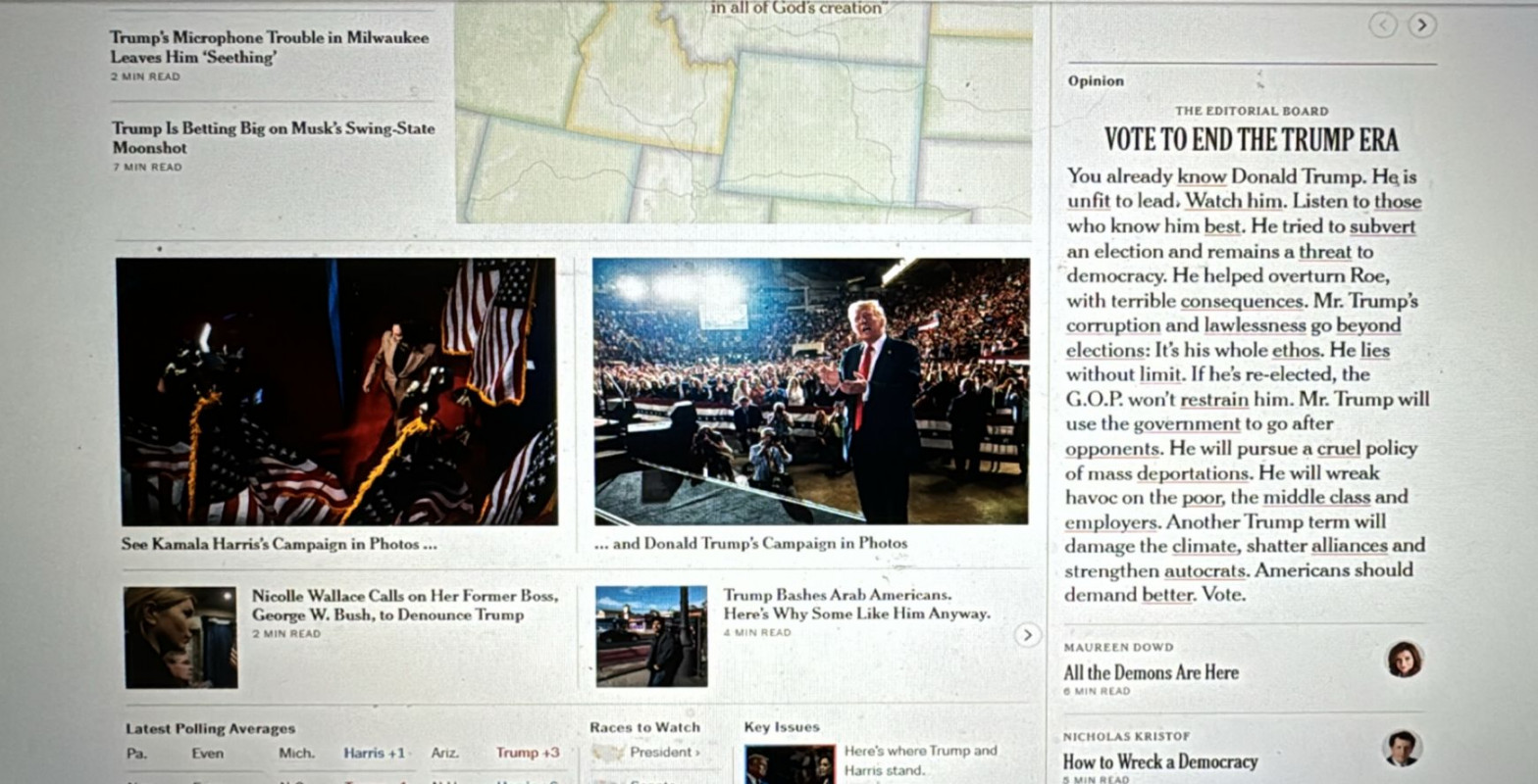 Editorial est&aacute; na capa do site do NYT com links que remetem a mais conte&uacute;dos contra Trump | NYT/REPRODU&Ccedil;&Atilde;O/DIVULGA&Ccedil;&Atilde;O/JC