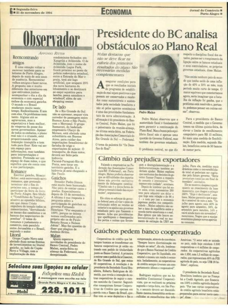 Primeira coluna Observador, assinada por Affonso Ritter, publicada em 21 de novembro de 1994  | Reprodu&ccedil;&atilde;o/JC