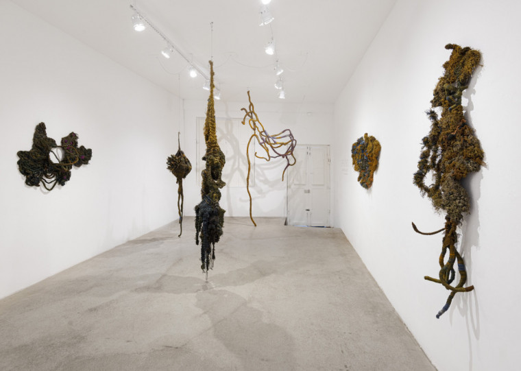 Nara Guichon utiliza saberes tradicionais como tricô, crochê e bordado para criar esculturas a partir de redes de pesca descartadas