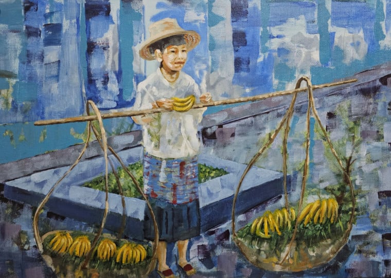 'Menino-vendedor-de-bananas' representa uma das cenas urbanas retratadas pela exposição do artista Decio Bevilacqua