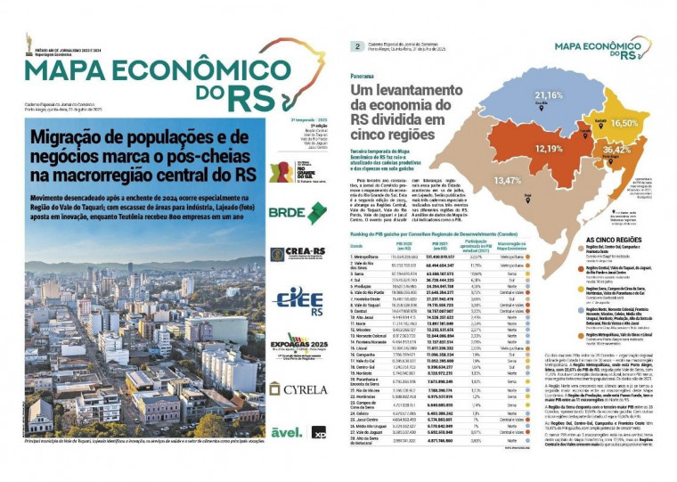 A segunda edição do Mapa Econômico do RS de 2025 abrange as Regiões Central, Vale do Taquari, Vale do Rio Pardo, Vale do Jaguari e Jacuí Centro