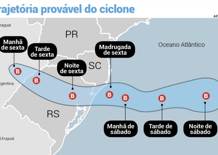 Acompanhe no mapa a provável trajetória do ciclone extratropical 