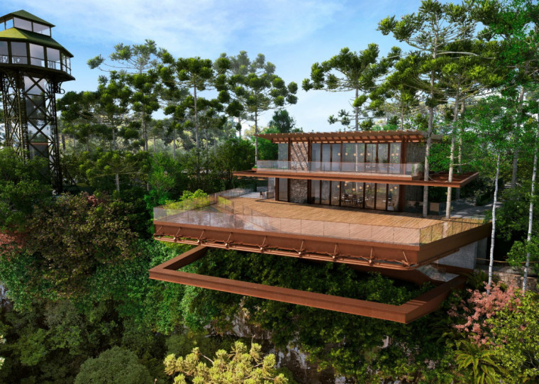 São três andares de construção, em que os visitantes poderão contemplar a queda d'água