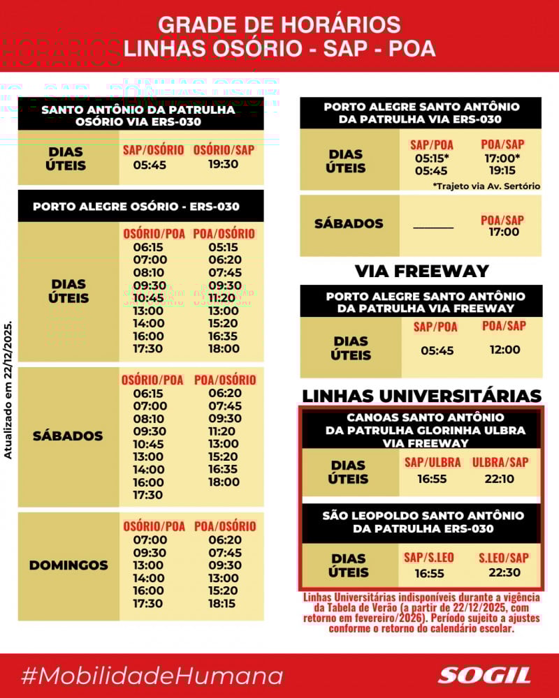 Hor&aacute;rios da Sogil que incluem chegadas e partidas a Santo Ant&ocirc;nio e Os&oacute;rio | Sogil/Divulga&ccedil;&atilde;o/JC
