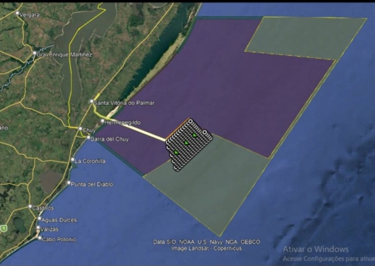 Empreendimento (ponto tracejado) se sobrepõe a Parque do Albardão (em roxo)