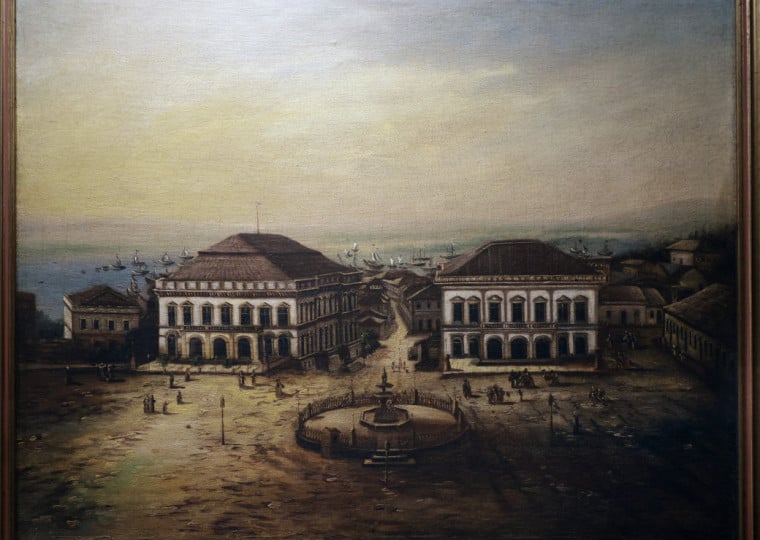 Tela de pintura a óleo, de autor desconhecido, retrata os prédios gêmeos na Praça da Matriz