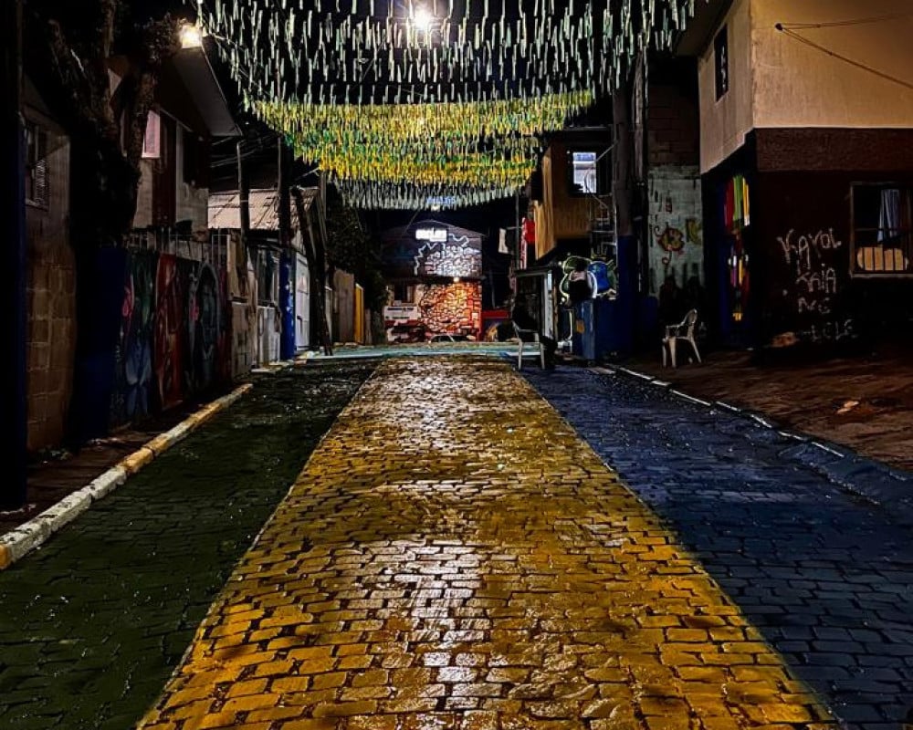 Al&eacute;m das pinturas, rua tamb&eacute;m foi decorada com bandeiras verdes e amarelas | Fernando Morais/Divulga&ccedil;&atilde;o/Cidades