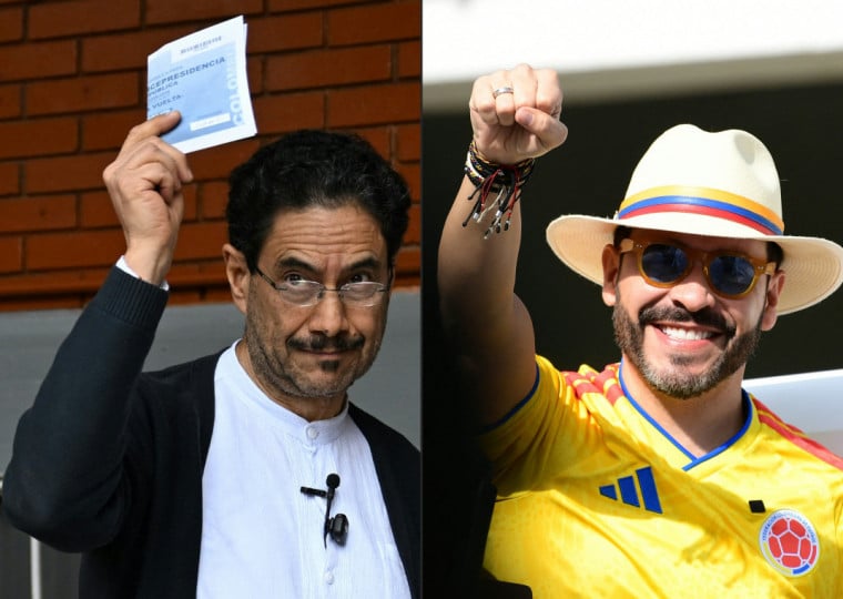  (COMBO) This combination of pictures created on June 21, 2026 shows Colombia's presidential candidate for the ruling Pacto Historico party, Ivan Cepeda (L), at a polling station during the presidential election runoff, in Bogota on June 21, 2026, and Colombia's presidential candidate for the Defensores de la Patria movement, Abelardo de la Espriella, at a polling station during the presidential election runoff in Barranquilla, Colombia, on June 21, 2026. Colombians head to the polls to pick a new president between a hard-right White House-backed lawyer and a leftist senator that will decide the fate of the country's stumbling peace process and strained ties with Washington. (Photo by Raul ARBOLEDA and Jaime SALDARRIAGA / AFP)
