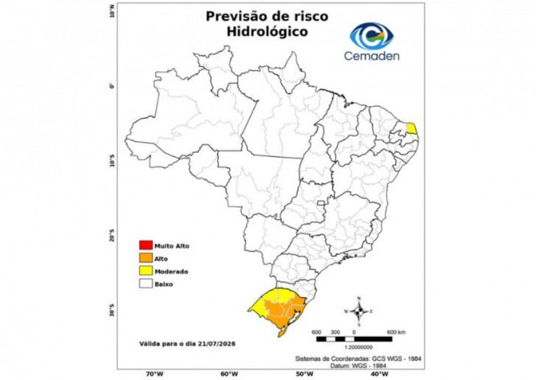 Aviso vale para as Regiões Geográficas Intermediárias de Santa Maria, Santa Cruz/Lajeado, Caxias do Sul e Porto Alegre e Pelotas, com destaque para São Lourenço do Sul
