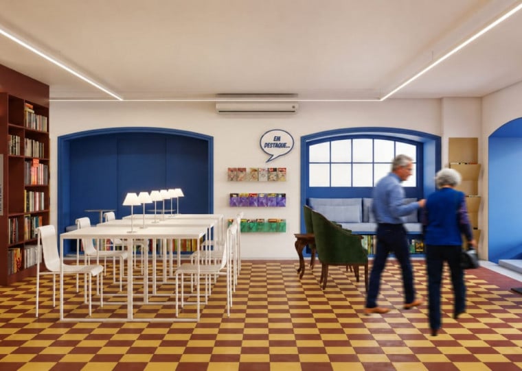 Imagem do projeto arquitetônico desenvolvido pela empresa Balcão de Arte e Arquitetura para os espaços da Gibiteca da BPE

