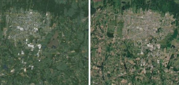 Imagens de sat&eacute;lite mostram evolu&ccedil;&atilde;o da mancha urbana de Ven&acirc;ncio Aires nos anos de 2004 e 2026 | Reprodu&ccedil;&atilde;o/Google Earth/Cidades