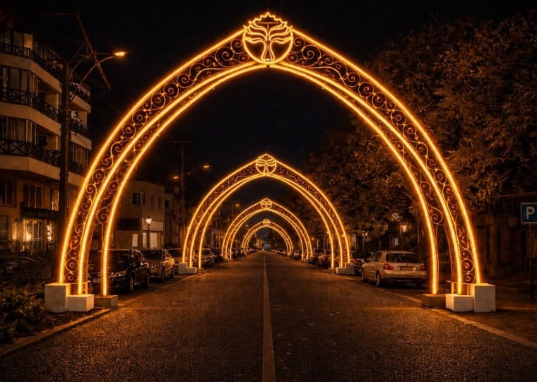 Arcos ser&atilde;o executados em estrutura met&aacute;lica de a&ccedil;o, com pintura na cor cobre