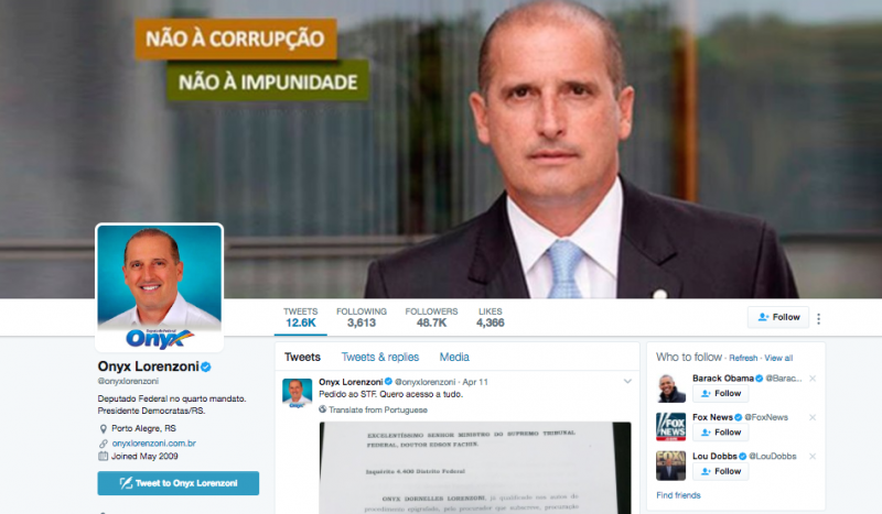 Deputado federal Onyx Lorenzoni (DEM-RS) está na lista de Fachin e terá inquérito no STF. No Twitter, Onyx desmente ter recebido propina da Odebrecht