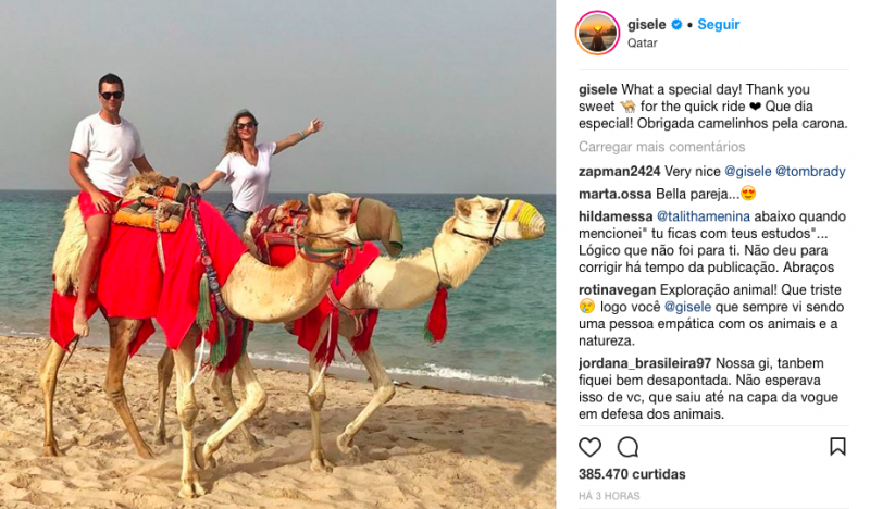 Gisele fez post no Instagram dela e do marido Tom Brady em cima de camelos