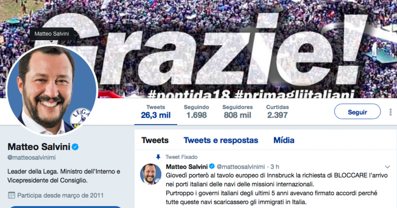 Salvini defendeu no Twitter o bloqueio de entradas da Itália para evitar entrada de navio de imigrantes 