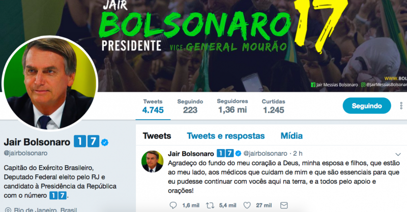 Em seu perfil no Twitter, Bolsonaro diz que está com família e agradece apoios  