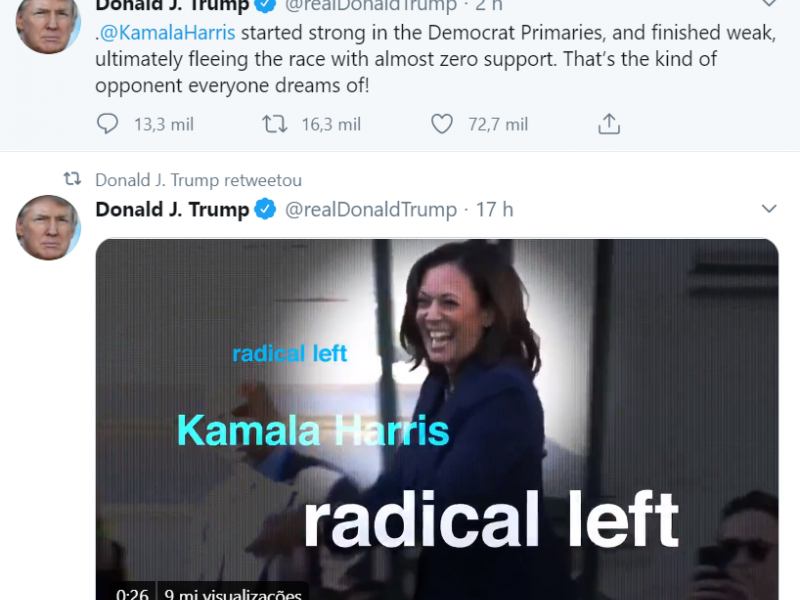 Pelo Twitter, Trump também publicou vídeo em que associava Harris à 'esquerda radical'