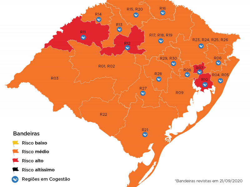 Quatro regiões, entre elas a de Porto Alegre, seguem classificadas em bandeira vermelha