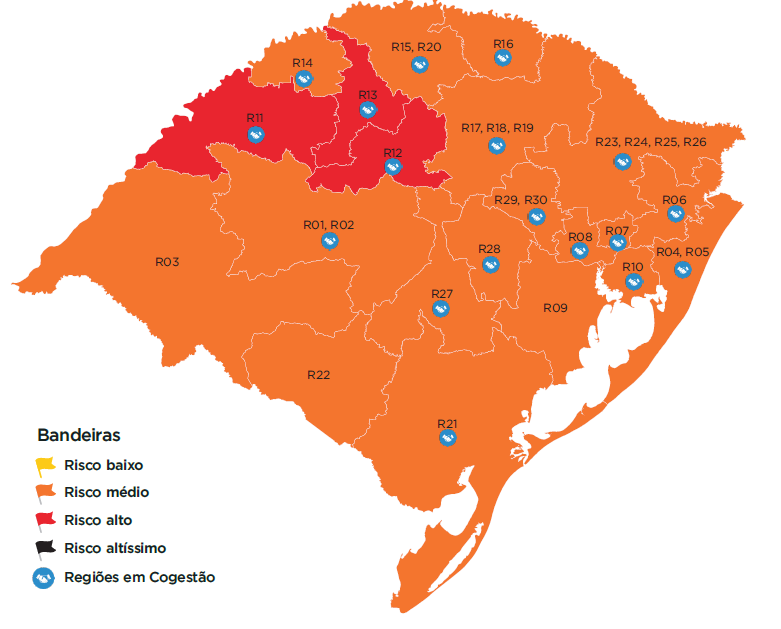 Mapa preliminar  tem três regiões com bandeira vermelha e predominância de laranja