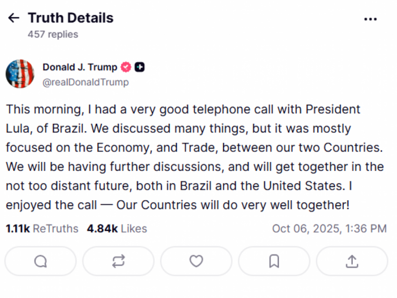 Nas redes sociais, Donald Trump diz ter "curtido" a conversa com o presidente Lula | Truth Social/Reprodu&ccedil;&atilde;o/JC