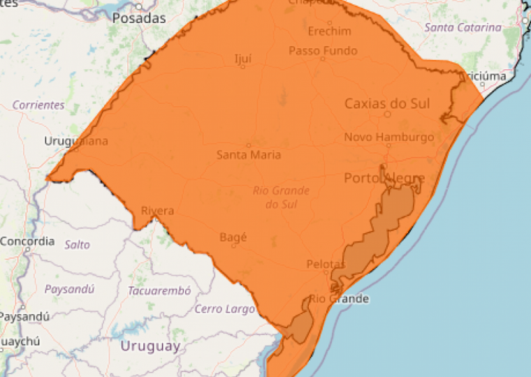 Alerta válido para a sexta (16) é de risco alto, com chuva entre 30 e 60 mm/h ou 50 e 100 mm/dia, ventos intensos (60-100 km/h)
